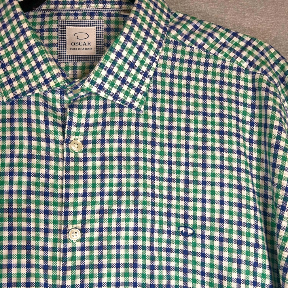 Oscar De La Renta Blue and Green Checkered Men’s Shirt Size XL Quiet Designer